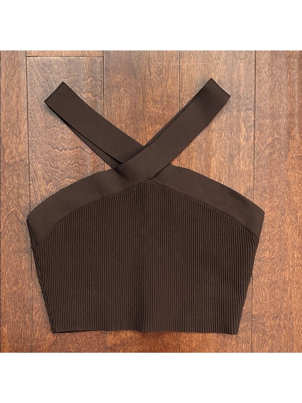 Babaton Dark Chocolate Brown Cross-Strap Crop Knit Top, Size Large
